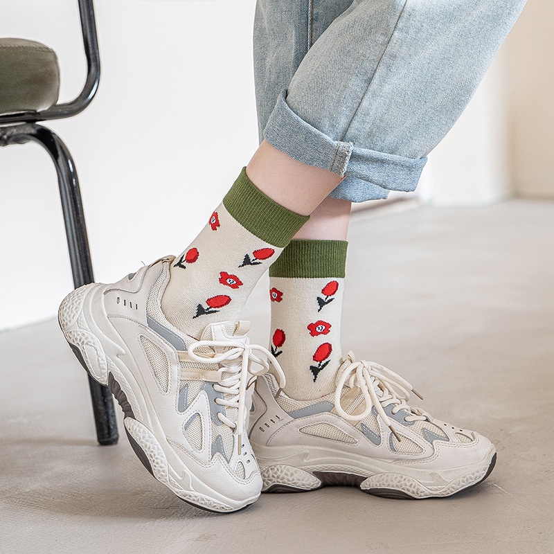 Tất vớ unisex Tất nam cổ cao tất nữ thun dày dặn hoạ tiết nhiều màu sắc hình hoa Floral chất liệu cotton dày dặn