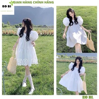 Váy babydoll trắng cổ vuông tay bồng dáng rộng Đầm xòe nữ tiểu thư dáng ngắn phong cách hàn quốc ulzzang - EOBI 