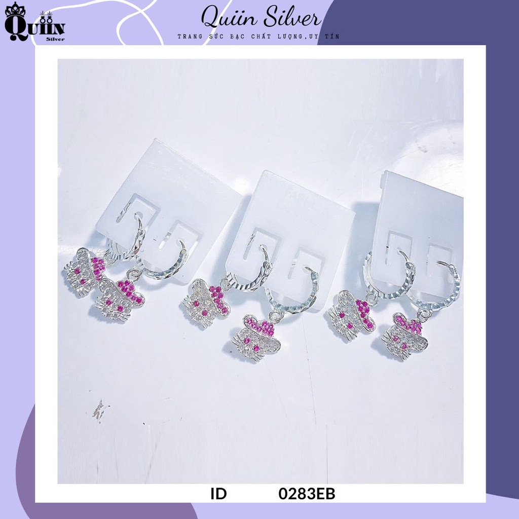 Bông tai/Khuyên tai bạc ta, bạc S925 Quiin - Hình Hello Kitty đội mũ dành cho bé gái 0283EB