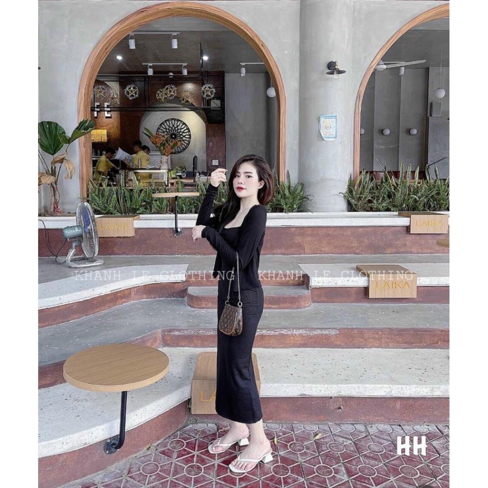 Set Váy Maxi 2 Dây dáng chữ A Kèm Áo Khoác Len Cadigan✌️ mùa thu đông