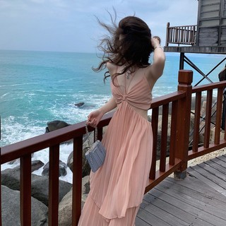 [HÀNG QC] Đầm maxi dập li cut out cam sữa