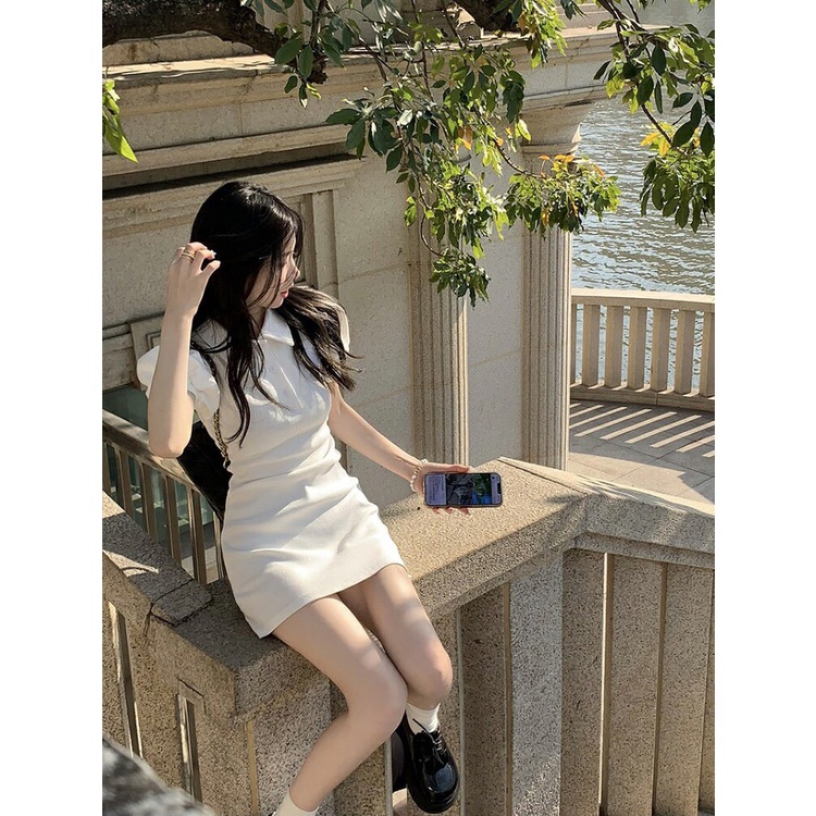 Váy Polo trơn tay phồng cực xinh, vải umi dày đẹp dáng body xòe nhẹ phần chân váy phom dưới 60kg