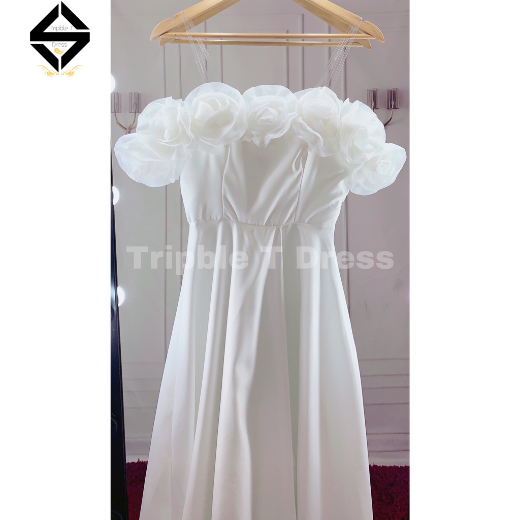 Đầm maxi cho dâu mặc cưới TRIPBLE T DRESS bẹt vai hoa hồng xẻ đùi siêu xinh- size S/M/L - MS286Y