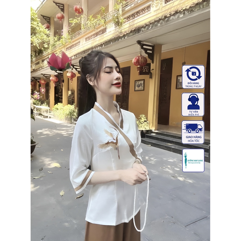 Đồ lam đi chùa nữ đồ lam nữ viền thêu hạc set đồ lam nữ đi chùa xinh xắn set pháp phục 4 màu