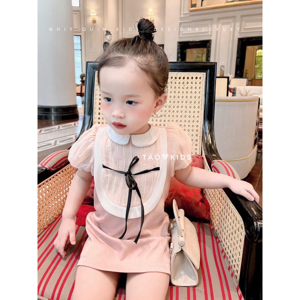 Váy, đầm cho bé gái mùa hè - Váy hồng cổ nơ cho bé gái mặc đi chơi, đi học size 9kg-20kg