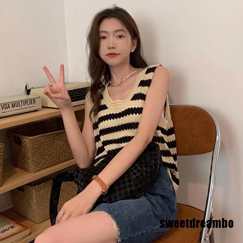 Áo Tank Top Dệt Kim Sát Nách Dáng Rộng Hoạ Tiết Kẻ Sọc Thời Trang Mùa Hè Cho Nữ
