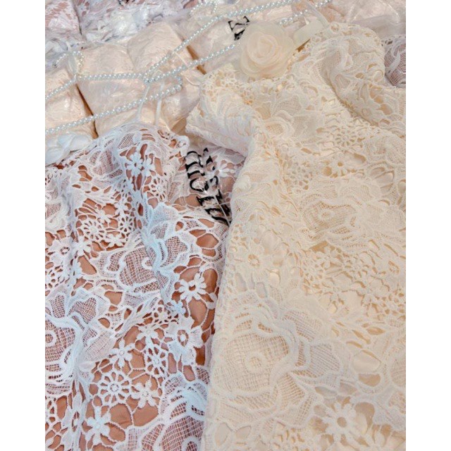 Đầm váy ren nữ dự tiệc 2 dây thiết kế FLORAL DESIGN kèm tag hoa ngực sang chảnh ôm eo 2 màu trắng kem nâu size S M