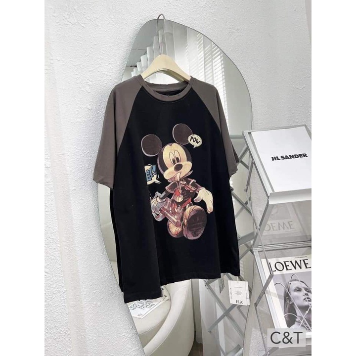 Áo phông thun form rộng unisex 3158 mặc đôi chất cotton hình mickey phối tay