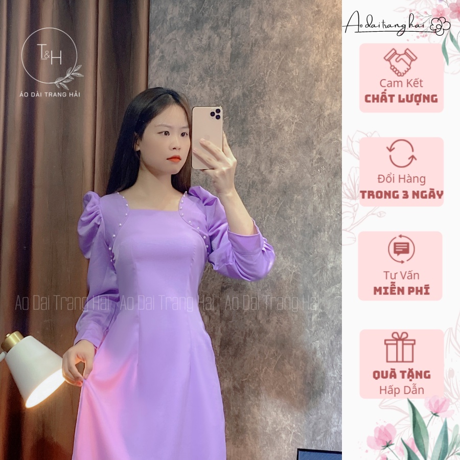 Áo dài cách tân cổ vuông tay bồng đính hạt-Trang Hải