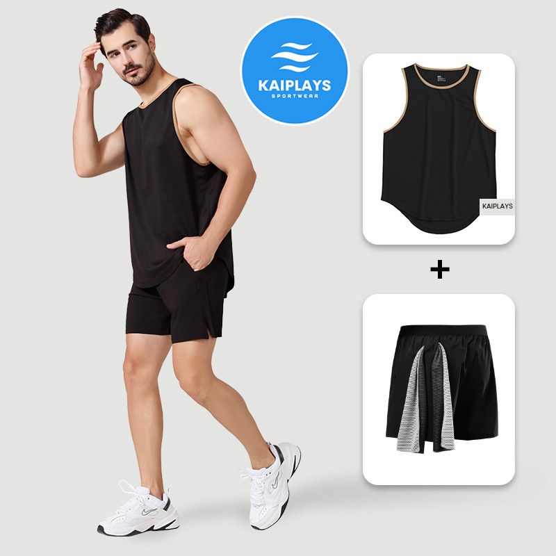 Bộ quần áo thể thao nam bóng rổ, chạy bộ - Áo ba lỗ kèm quần short đùi nam có đai cài khăn tập gym KAIPLAYS KP040