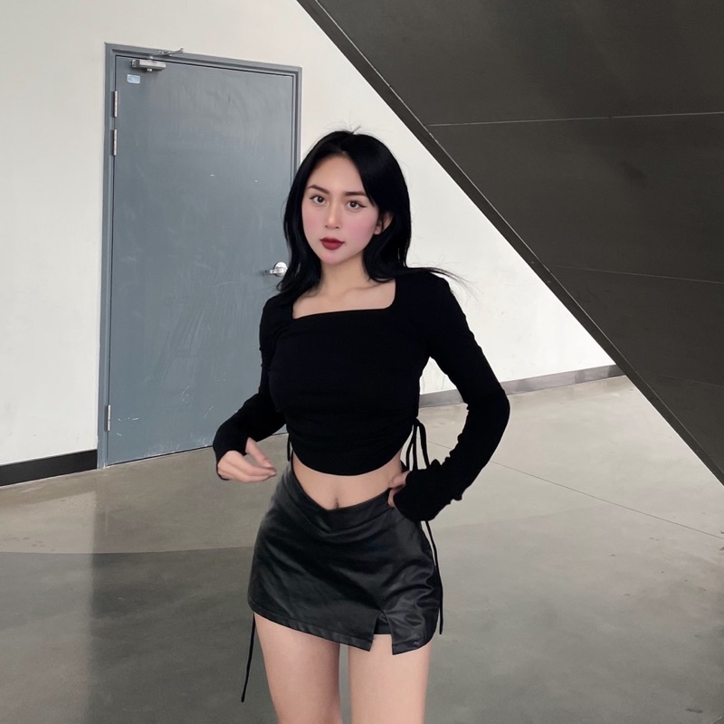 Áo Croptop Dây Lưng, Áo Thun Cổ Vuông Tay Dài Ôm Body Cá Tính IRISVIEL