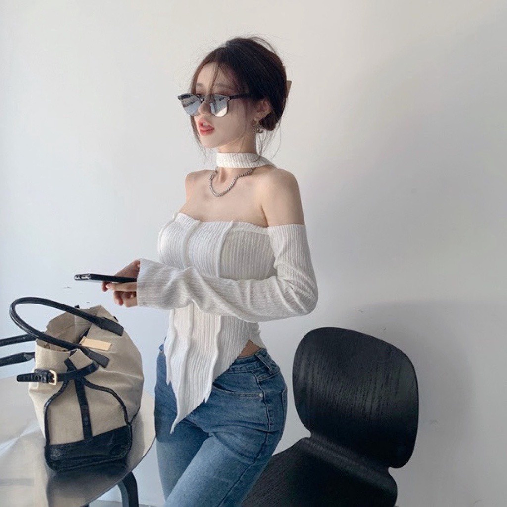 Áo thun nữ đi chơi tay dài trễ vai chất thun xốp mềm dáng ngắn phối dây choàng cổ kiểu tà nhọn xinh hot