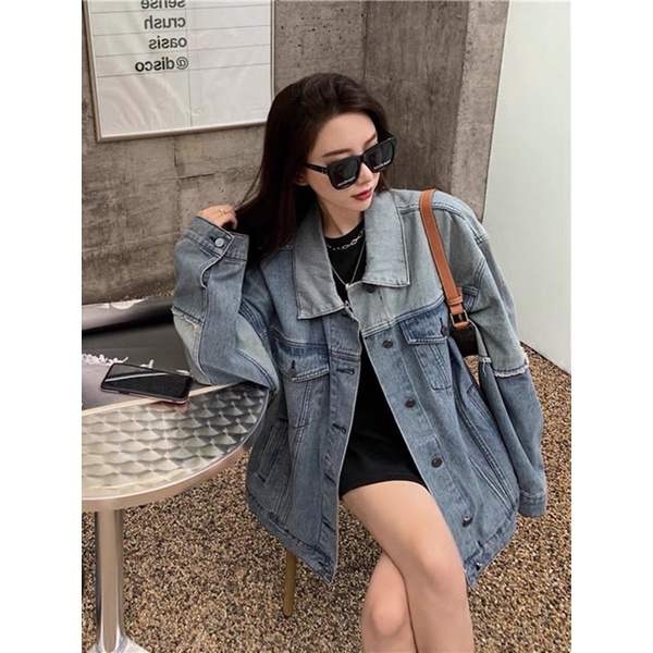 Áo khoác denim phối màu tương phản dáng rộng thời trang xuân thu cho nam nữ