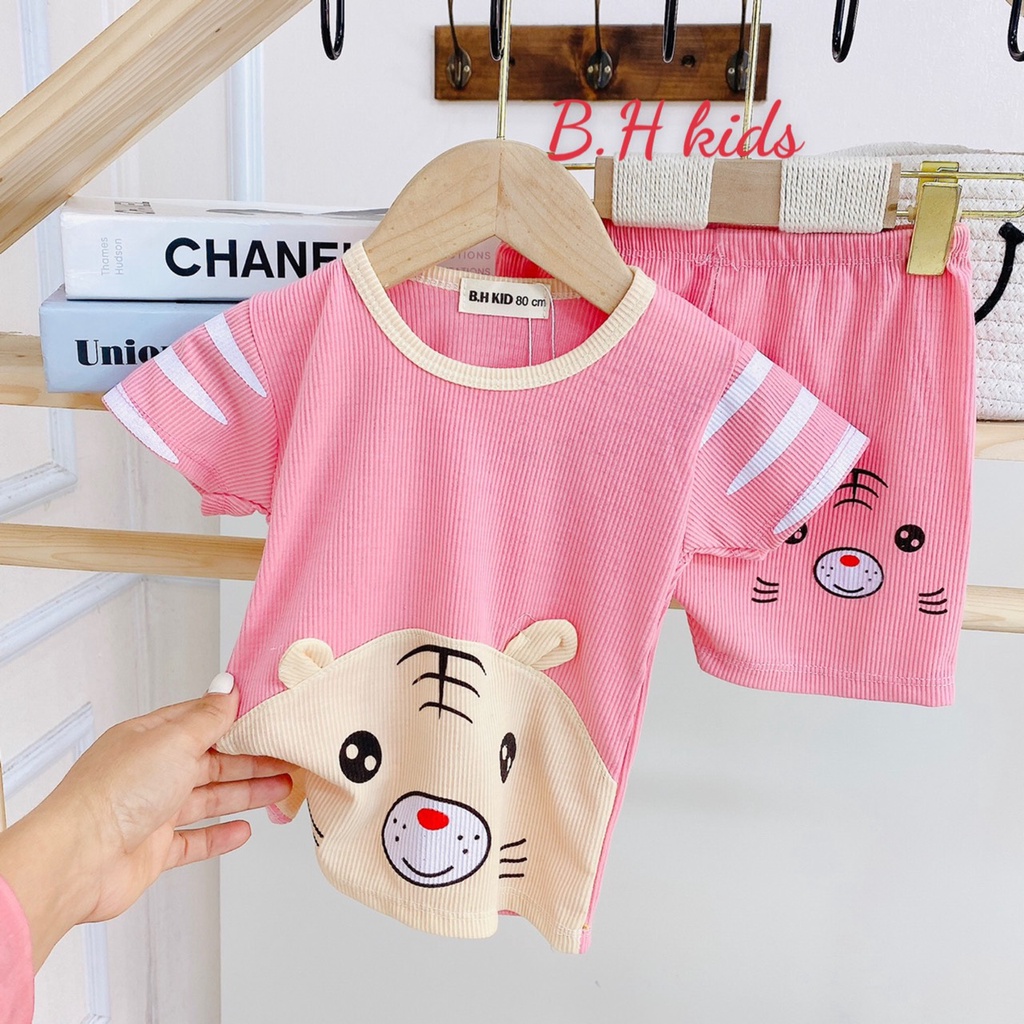 Bộ Cộc Tay Cho Bé, Bộ Tăm Lạnh Phối Kẻ Tay Tai Mèo Cho Bé Trai Bé Gái Từ 8 - 18kg