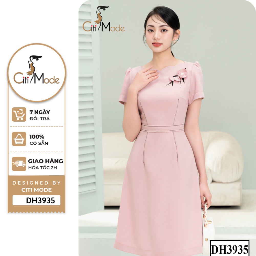 Đầm công sở CITI MODE FASHION thiết kế A hồng phối cổ thuyền cách điệu thêu hoa DH3935