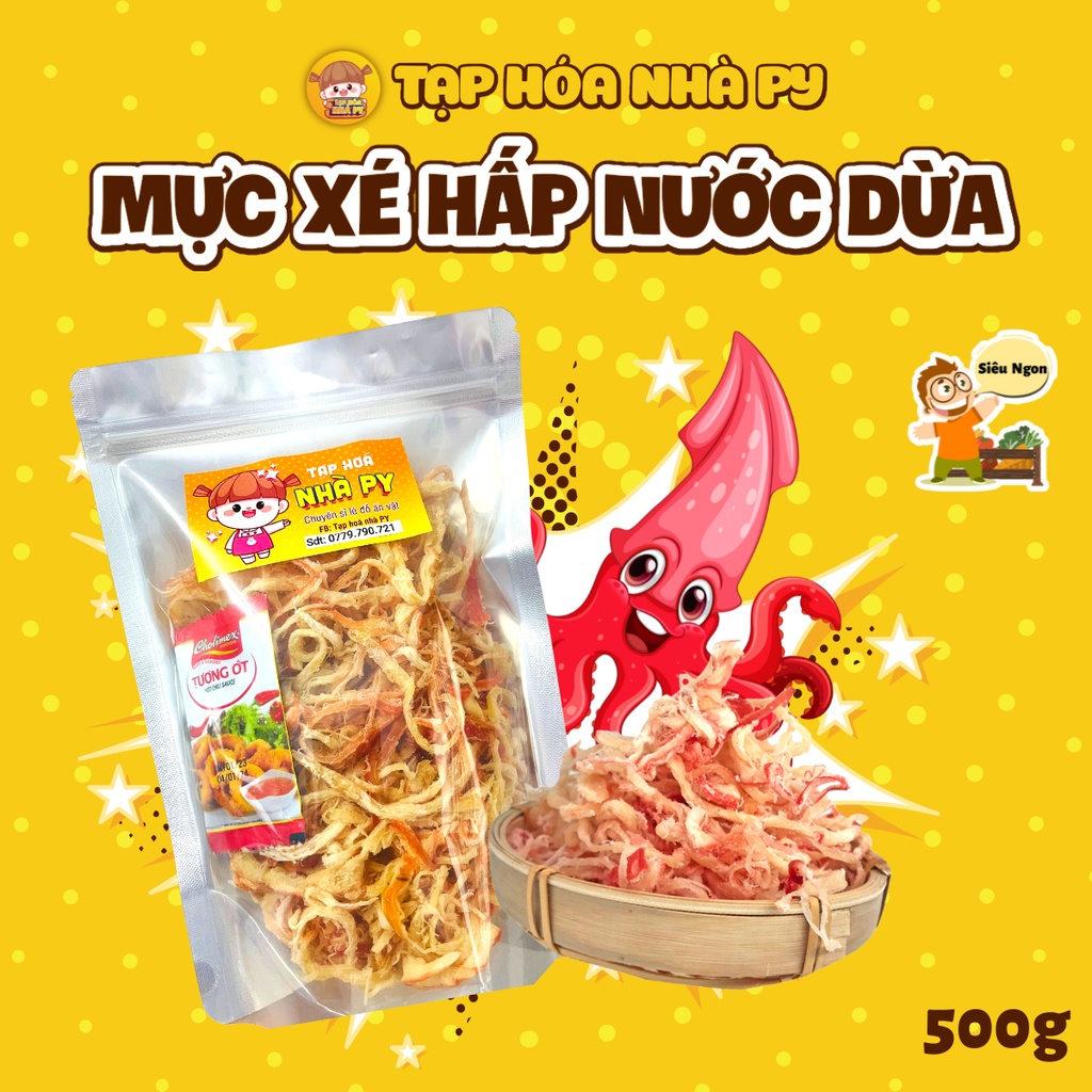Mực Xé Sợi Hấp Nước Dừa Siêu Ngon Nhà Py 500g - Đồ ăn vặt thơm ngon đậm vị cay nhẹ đầy dinh dưỡng