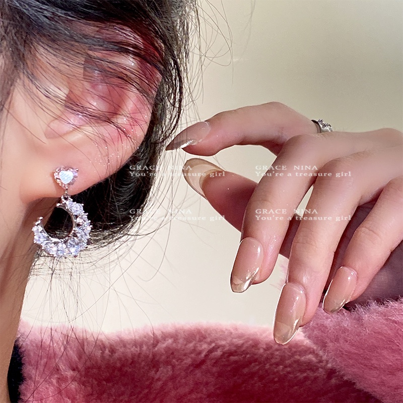 Đôi Khuyên Tai Hình Mặt Trăng / Trái Tim Đính Đá Zircon Thời Trang Cho Nữ