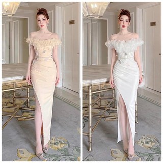 Đầm dạ hội trễ vai phối phồng kết dây đá váy xẻ tà sang chảnh - nutwedding