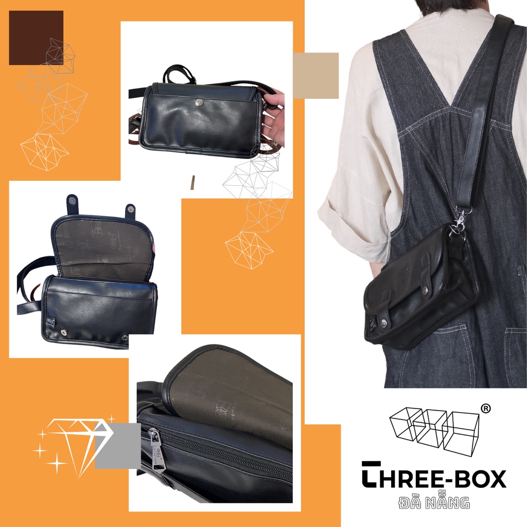 ThreeBox Túi đeo chéo da Unisex nam nữ thời trang chính hãng