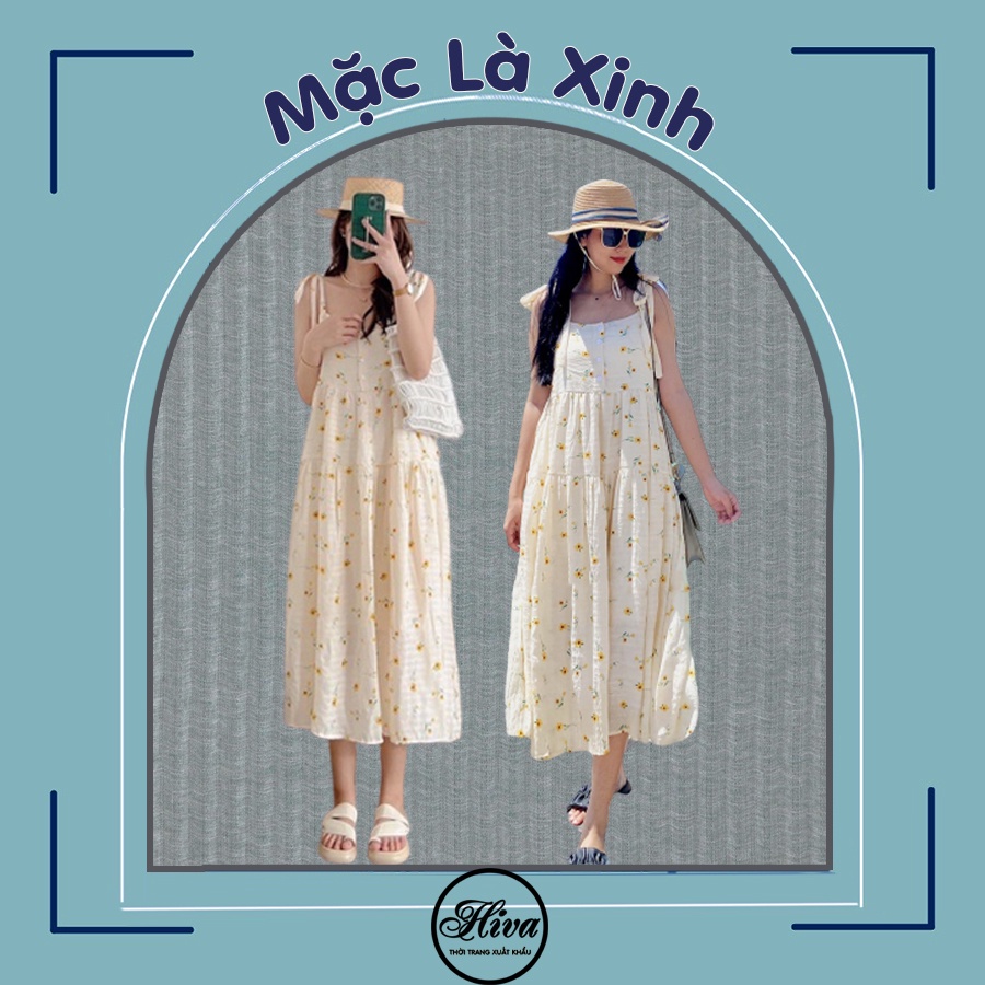 Váy trắng hoa nhí vàng 2 dây babydoll trễ vai body ulzzang , Đầm xòe thiết kế chiffon du lịch biển