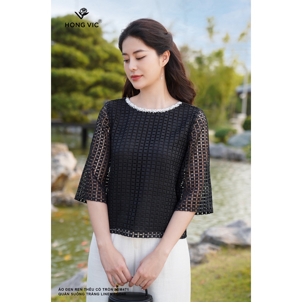 Áo đen ren nữ thiết kế Hong Vic thêu cổ tròn SM471