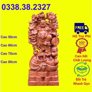 Tượng phật di lặc gánh đào phục nghê cao 50cm đến 80cm được làm bằng gỗ hương nguyên khối
