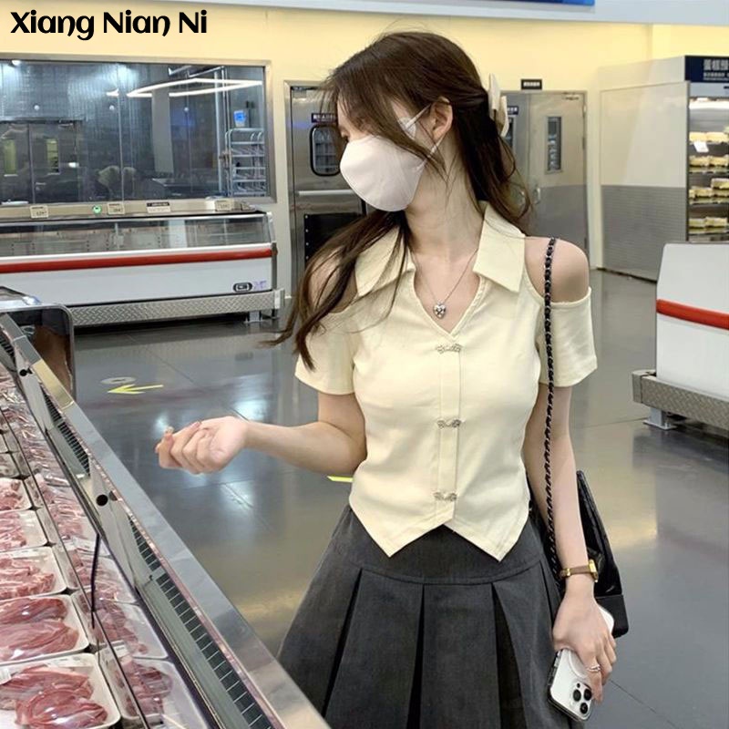 Xiang Nian Ni Áo polo tay ngắn dáng ôm thời trang mùa hè 2023 cho nữ