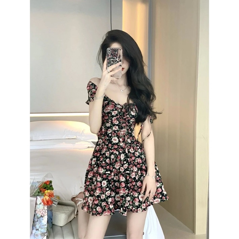 Váy hoa xòe mềm mại họa tiết hoa hồng nữ tính dịu dàng