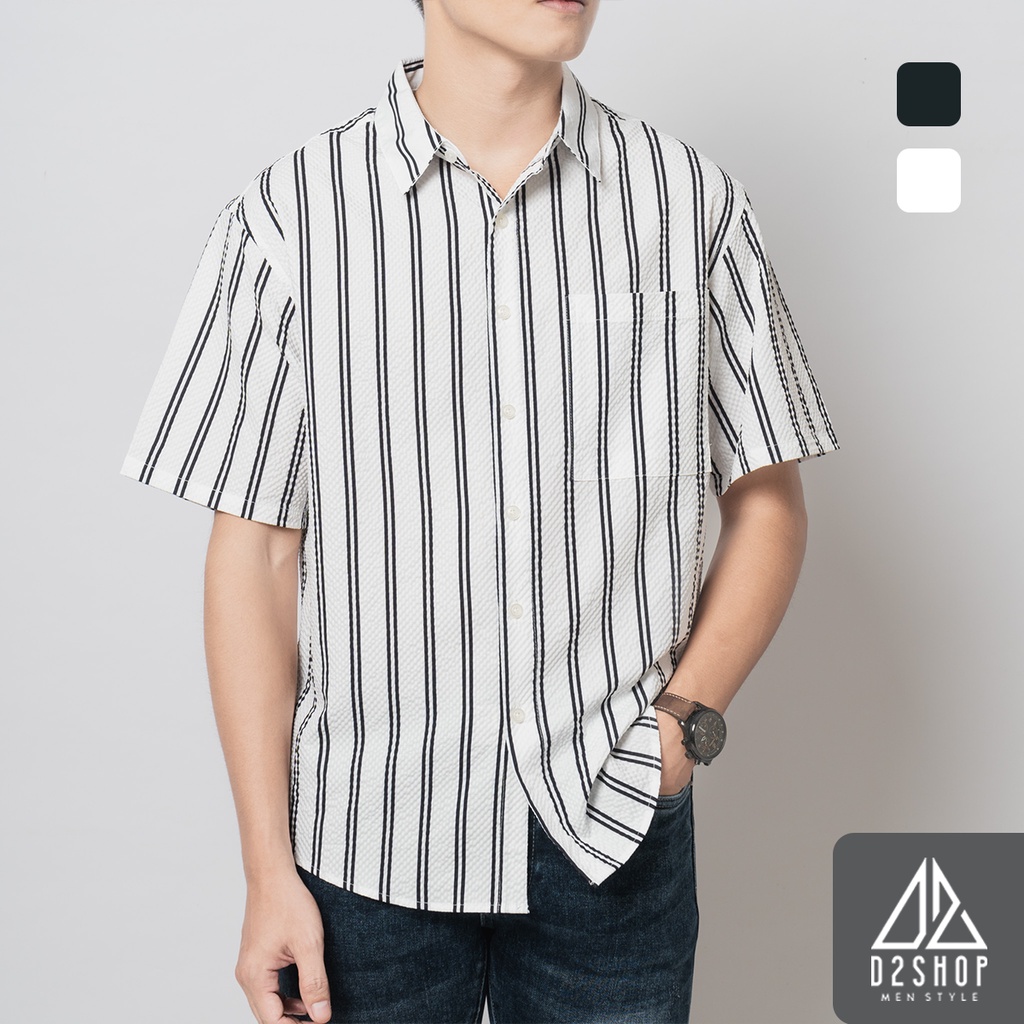 Sơ mi nam D2shop, sơ mi tay ngắn nam vải gân, phối sọc, màu trắng [SM-2265]