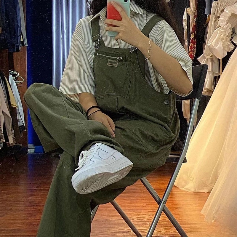 Quần yếm denim dài màu xanh rêu phong cách cổ điển của Mỹ dành cho nữ mùa hè phong cách rộng thẳng eo cao ống rộng