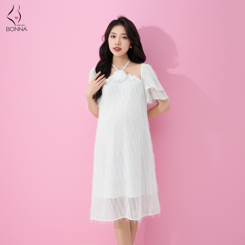 Đầm bầu dự tiệc BONNA chất voan trắng kim sa cao cấp, dáng cổ yếu điệu đà, nữ tính phối tay cánh tiên dịu dàng VS319