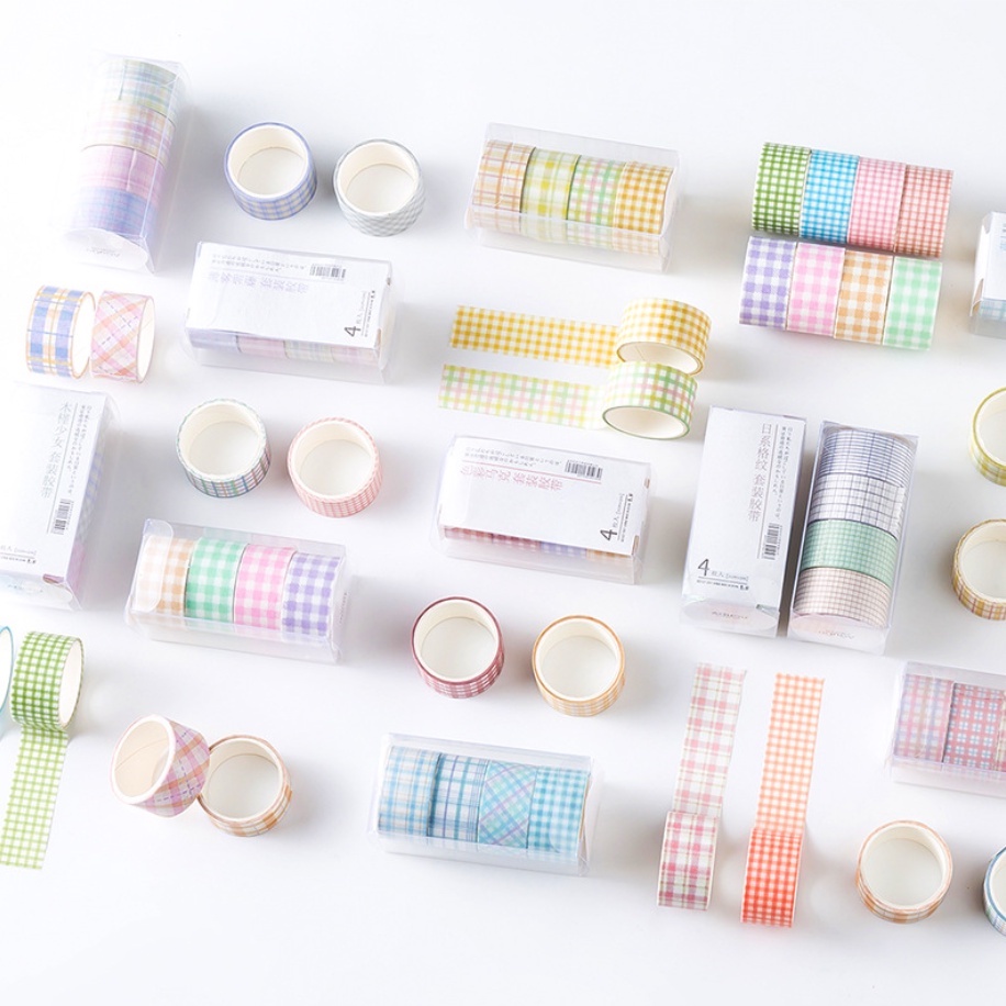 Hộp 4 cuộn băng dính washi tape caro nhiều màu sắc