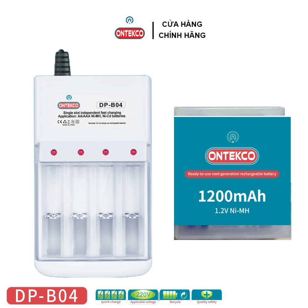 Combo sạc ONTEKCO DP-B04 và 4 pin tiểu sạc ONTEKCO AA 1200mAh chuyên dùng micro hát karaoke