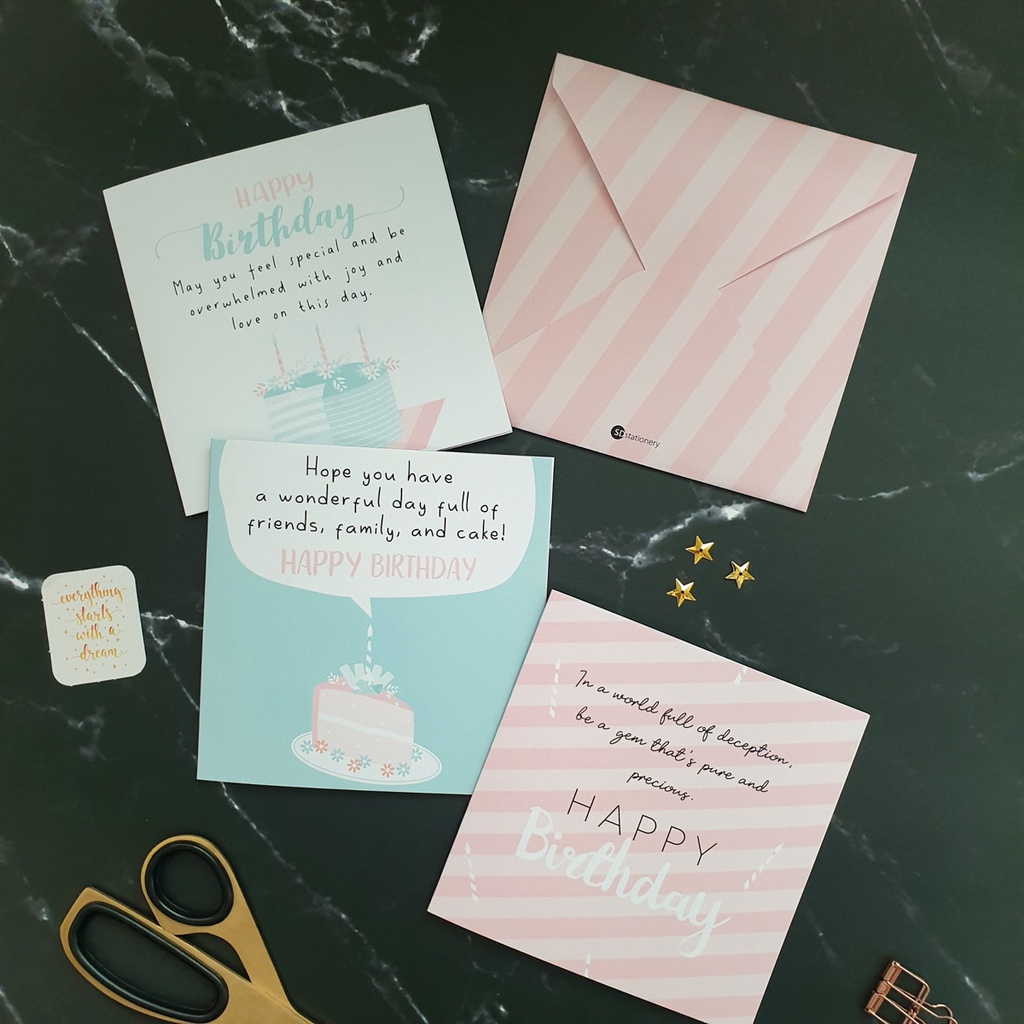 Thiệp chúc mừng sinh nhật SDstationery Pastel Pink 12x12 họa tiết bánh ngọt màu hồng pastel trẻ trung nhẹ nhàng