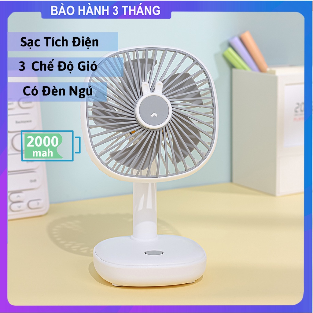 Quạt Mini Tích Điện Để Bàn RABBIT Pin 2000 mAh | Quạt Sạc Cầm Tay 3 Màu | Quạt Văn Phòng Học Sinh