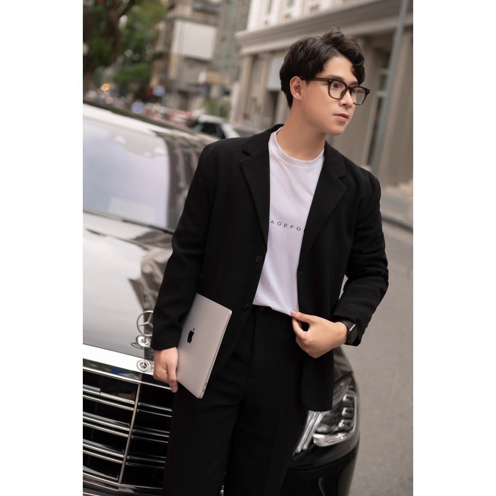 Áo khoác blazer nam form rộng hàn quốc màu đen, kem 2 khuy cài thương hiệu VIZ