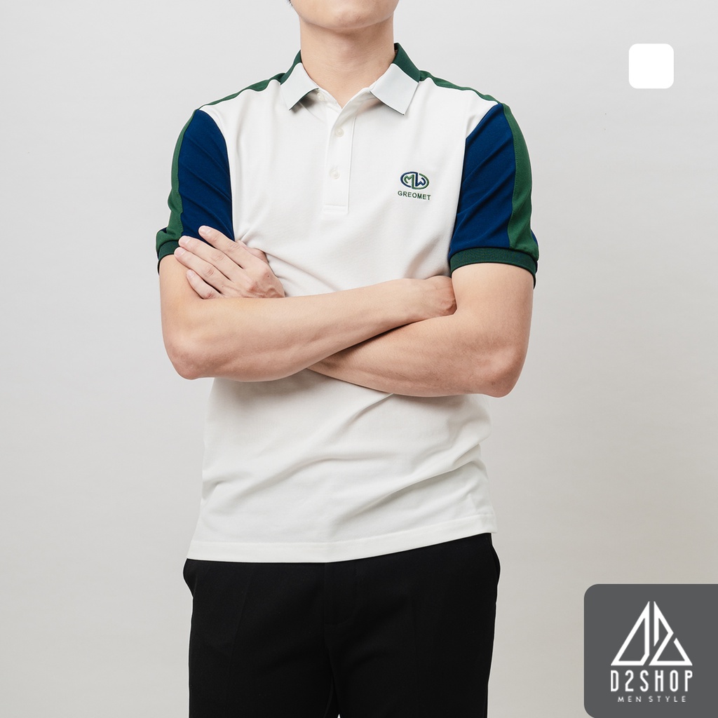 Áo thun polo nam D2shop, áo polo nam phối viền vai xanh lá, màu trắng [B-0032]