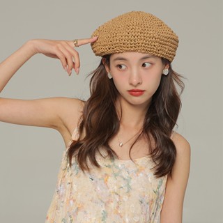 Nón cói đi biển nữ Beret nồi Vintage Họa sĩ Mùa Hè Retro Mũ nồi bê rê cói nữ Cổ điển Đi biển Thời trang Hàn Quốc
