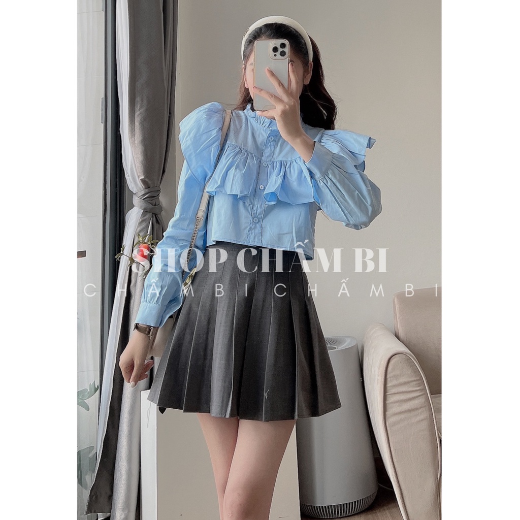 Áo sơ mi nữ dài tay A.439, Áo kiểu dáng croptop bèo vai cổ trụ bánh bèo cực xinh - Thời trang nữ Chấm Bi | BigBuy360 - bigbuy360.vn