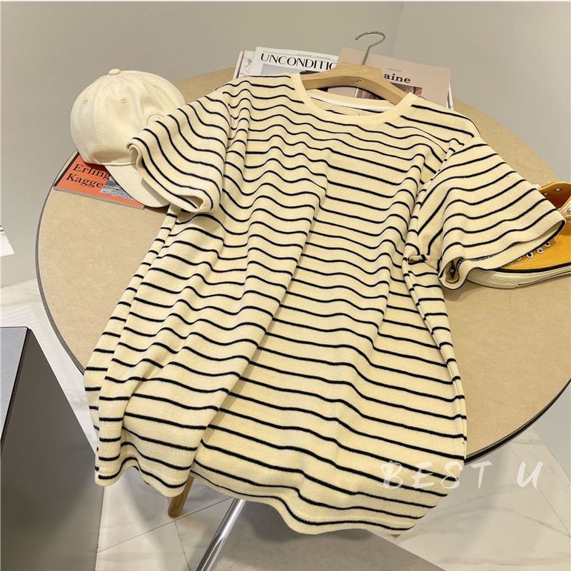 BEST U Áo Thun Cotton Ngắn Tay Họa Tiết Sọc Caro Thiết Kế Mới Đơn Giản Thời Trang Mùa Hè Dành Cho Nữ