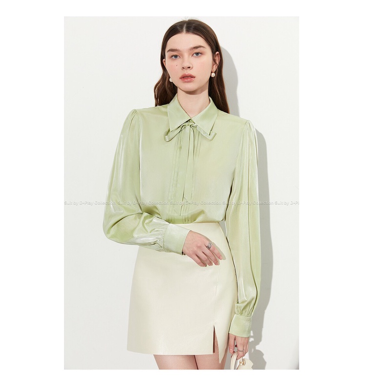 áo sơ mi tơ màu xanh bơ cổ thắt nơ cao cấp ( thời trang bigsize vicky.g - anitagreen) n323