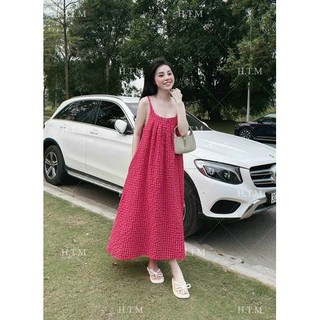 Đầm 2 dây hở lưng caro đỏ siêu hot có túi