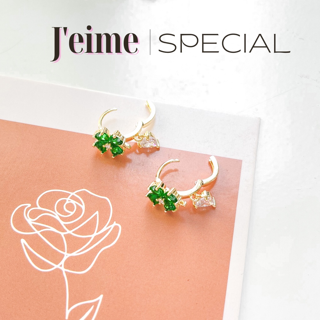 Khuyên tai chuôi bạc 925 cỏ 4 lá đính đá Feuilles, bông tai nữ tính dịu dàng J'eime