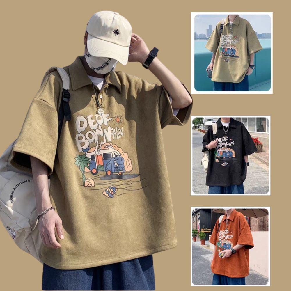 Mẫu mới áo thun cổ bẻ họa tiết oto deofbon dáng rộng cá tính stylemarven ao top nam 009c