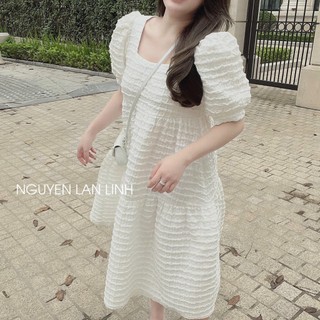 Váy Xốp Ô Cổ Vuông, Dáng Tiểu Thư, Công Chúa Bánh Bèo