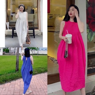 Đầm suông cổ xếp ly - Đầm maxi sát nách đi biển chất đẹp