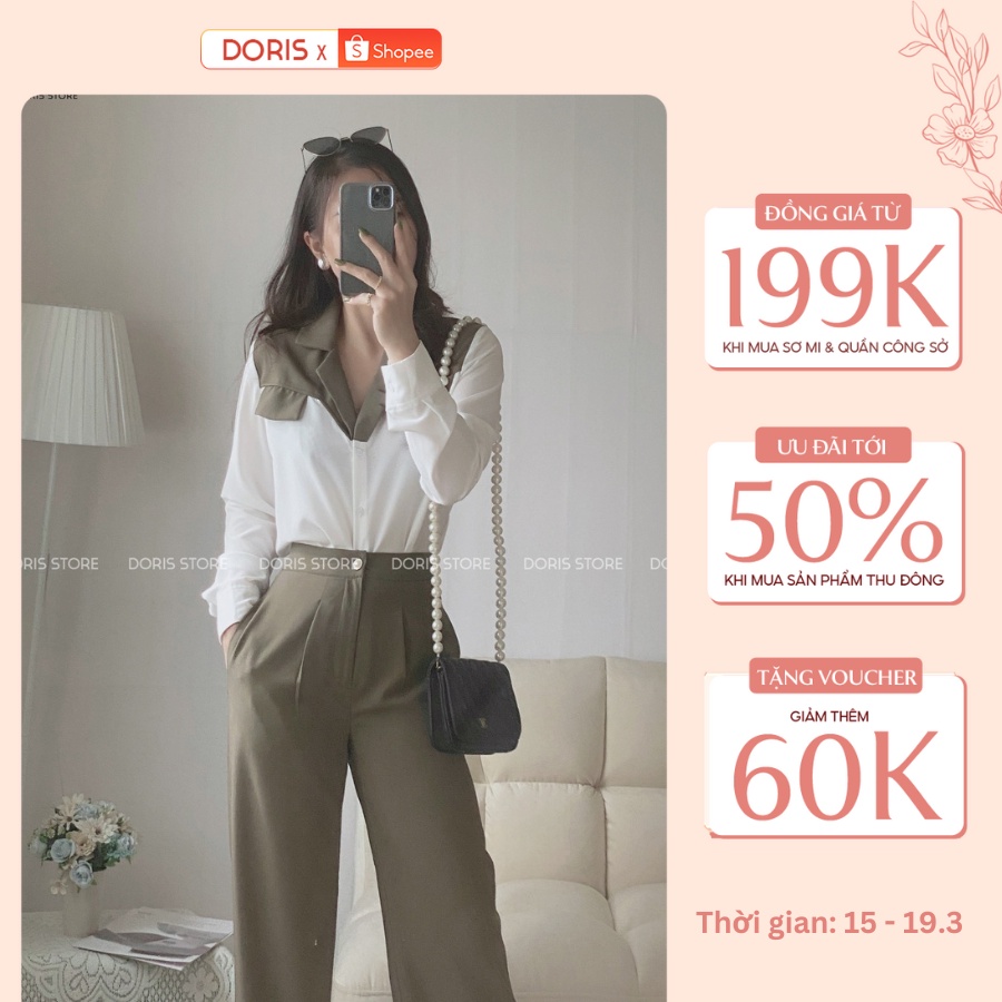 Set thiết kế DORIS áo sơ mi phối cổ cách điệu kèm quần ống suông cao cấp thanh lịch S2342
