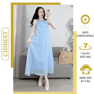 Đầm tơ maxi dài cổ yếm hở lưng phong cách đi biển chibest hdc33