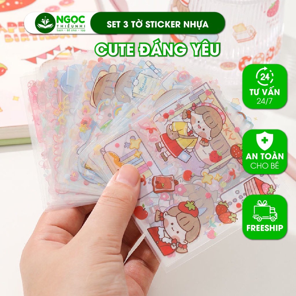 Set 3 tờ sticker nhựa cute đáng yêu trang trí sổ tay, lịch để bàn