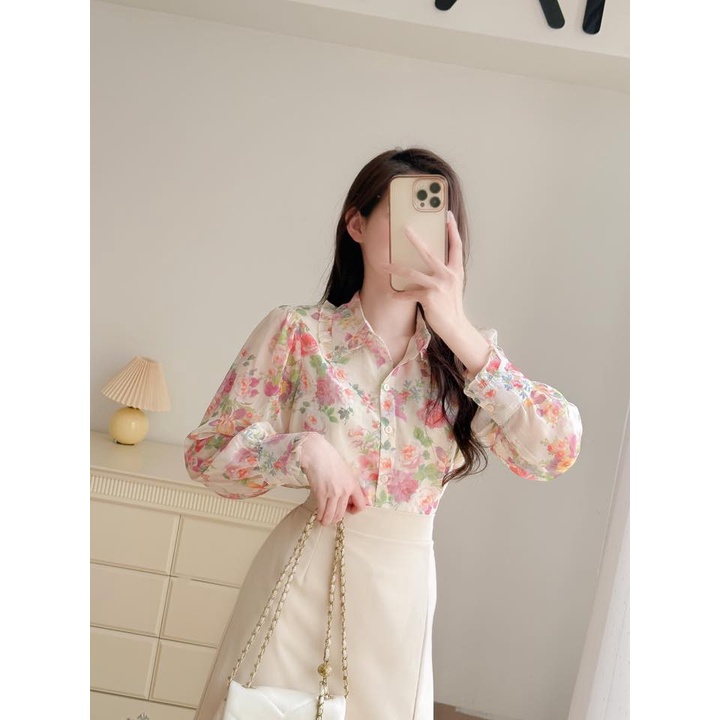 Áo Sơ Mi Hoa Nữ MYAN Thiết Kế Cổ Đức Viền Bèo Dài Tay Họa Tiết Mùa Hè Chất Voan Avn032301